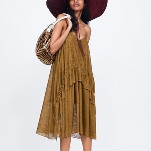 Zara Olive Brown Ruched Tiered Ruffle Spaghetti Strap Midi Dress Size Small